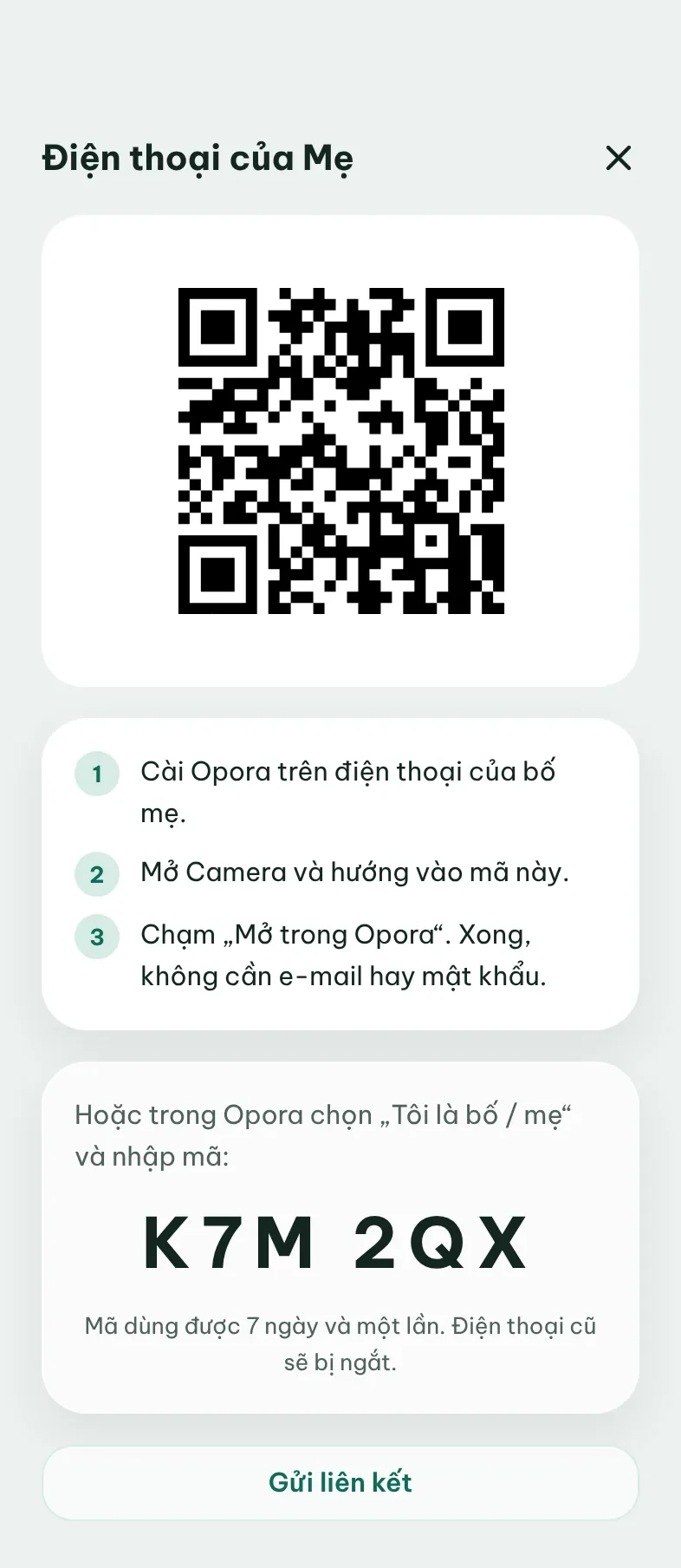 Mã QR để kết nối điện thoại của mẹ