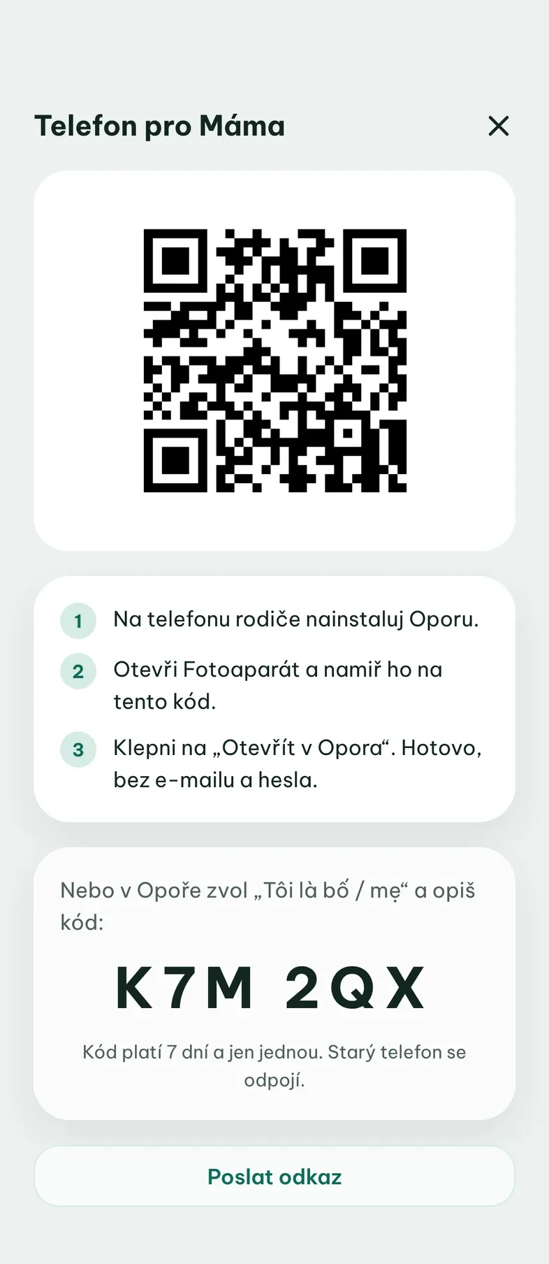 QR kód pro připojení telefonu mámy